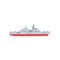 Military steam ship with artillery and radar. Battle warship icon. Navy armored boat. Flat vector design. Graphic