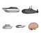 A military submarine, a speedboat, a pleasure boat and a spirit boat.Ships and water transport set collection icons in