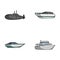 A military submarine, a speedboat, a pleasure boat and a spirit boat.Ships and water transport set collection icons in