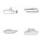 A military submarine, a speedboat, a pleasure boat and a spirit boat.Ships and water transport set collection icons in