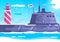 Military submarine. Warship in sea with lighthouse on background. Vector illustration for sailors day