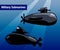 Military submarines in water. Black sub cartoon style illustration.