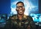 Military, surveillance and happy portrait of man with arms crossed in cybersecurity, control room and government mission