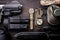 Military tactical equipment for the departure. Assortment of survival hiking gear