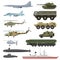 Military technics vector army transport plane and armored tank or helicopter illustration technical set of armored