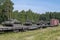 Military train with T-72B3 tanks stands in a standstill