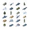 Military transport. Army gadget armor uniform weapons guns tanks grenades security tools vector isometric