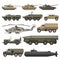 Military transport and army wartime machines vector isolated icons set