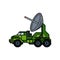 Military truck. Army transport with antenna. Modern appliances in protective green color