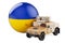 Military truck with Ukrainian flag. Combat defense of Ukraine, concept. 3D rendering