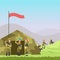 Military vector illustration. Cartoon soldiers, tent and landscape