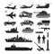 Military Vehicles Object Silhouette Set, Side View