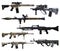 Military weapons booster pack. Various automatic assault rifles, belt feed machine gun`s and RPG on an isolated white background