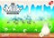 Milk ads. Jug on wooden table, green field vector background