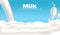 Milk banner Vector realistic. Fresh pouring liquid organic eco product templates. 3d illustrations