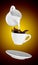 Milk being poured into small cup of coffee. 3d