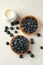 Milk and blueberry pies on gray background