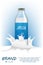 Milk bottle realistic package mock up with Liquid splash background. Healthy beverage glass bottle with milk drink for