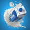 Milk carton box or packaging of milk and splash of milk on blue background