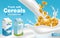 Milk and cereals Vector realistic with splash. Product placement mock up. Label design. Splash milk backgrounds