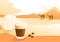 Milk coffee with desert view background illustration