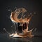 Milk and coffee splash, cappuccino coffee, frozen by short exposure. Coffee splashing, froth dripping down the cup. AI generative