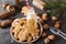 Milk and cookies. Gingerbread cookies on a gray background. Christmas cookies.