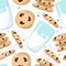 Milk and cookies seamless pattern. Glass and american oatmeal cookies with chocolate. Food and drink for Santa Claus, doodle