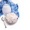 Milk and cottage cheese on white background. Jewish holiday Shavuot concept