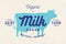 Milk, cow. Logo with cow silhouette, text Milk, Dairy farm