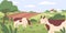 Milk cows grazing in pasture, eating grass. Farm domestic animals, heifers in grassland. Free-range cattle on farmland