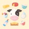 milk dairy cartoon icons set cow cheese cream butter ice cream