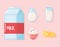 milk dairy product cartoon icons set butter, cream, beverage in box jar and glass