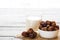 Milk and dates fruit. Muslim simple Iftar concept. Ramadan food and drinks