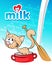Milk design with funny cat goes on a pot - vector