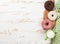 Milk and donuts on wooden table