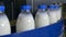 Milk factory. Bottles of milk moving on a industrial conveyor.