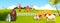 Milk farm background with cows, bull, haystack, mill, barn, dairy products, grazing livestock.