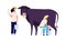 Milk farm characters. Flat cow, woman with bottle. Fresh organic products, raw for market. Isolated agricultural people