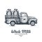 Milk farm delivery. Truck engraved illustration. Vintage husbandry. Vector illustration