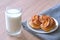 Milk in a glass on a background of burlap. Freshly baked sweet rolls on a saucer. Natural product. Isolated background