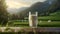 Milk in a glass on the background of the summer landscape. Glass of fresh milk of a hilly spring landscape while sunset.