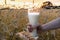 Milk in a glass beakerof, in mans hand, in wheat field. Agricultural background with with drink