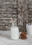 Milk in a glass bottle and chocolate diet cookies on rustic light wooden table.