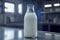 Milk glass bottle in laboratory. Concept for lab grown milk from artificial cultured dairy production.