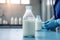 Milk glass bottle in laboratory. Concept for lab grown milk from artificial cultured dairy production. Generative AI