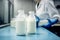 Milk glass bottle in laboratory. Concept for lab grown milk from artificial cultured dairy production. Generative AI i