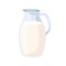 Milk in glass jug. Transparent pitcher full of dairy milky product. Kitchen container, decanter with healthy calcium