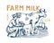 Milk label. Cow and woman farmer, milkmaid and jug and meadow. Farm Vintage logo for shop. Rural Badge for t-shirts