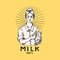 Milk label. Woman farmer, milkmaid and or bottle. Vintage farm logo for rural shop. Badge for t-shirts. Hand Drawn